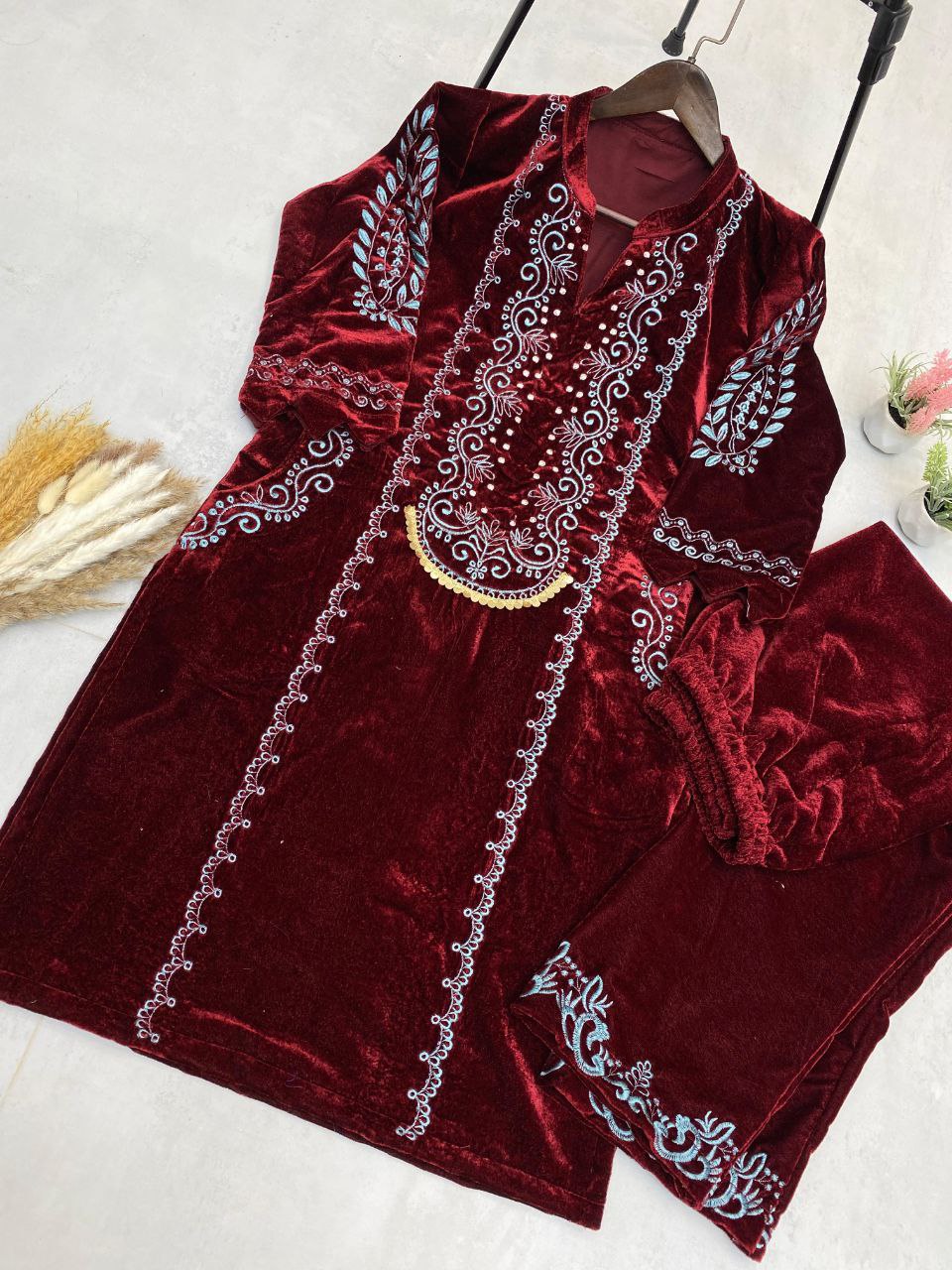 Winter Elegance – Designer Velvet Embroidery Suit with Pocket