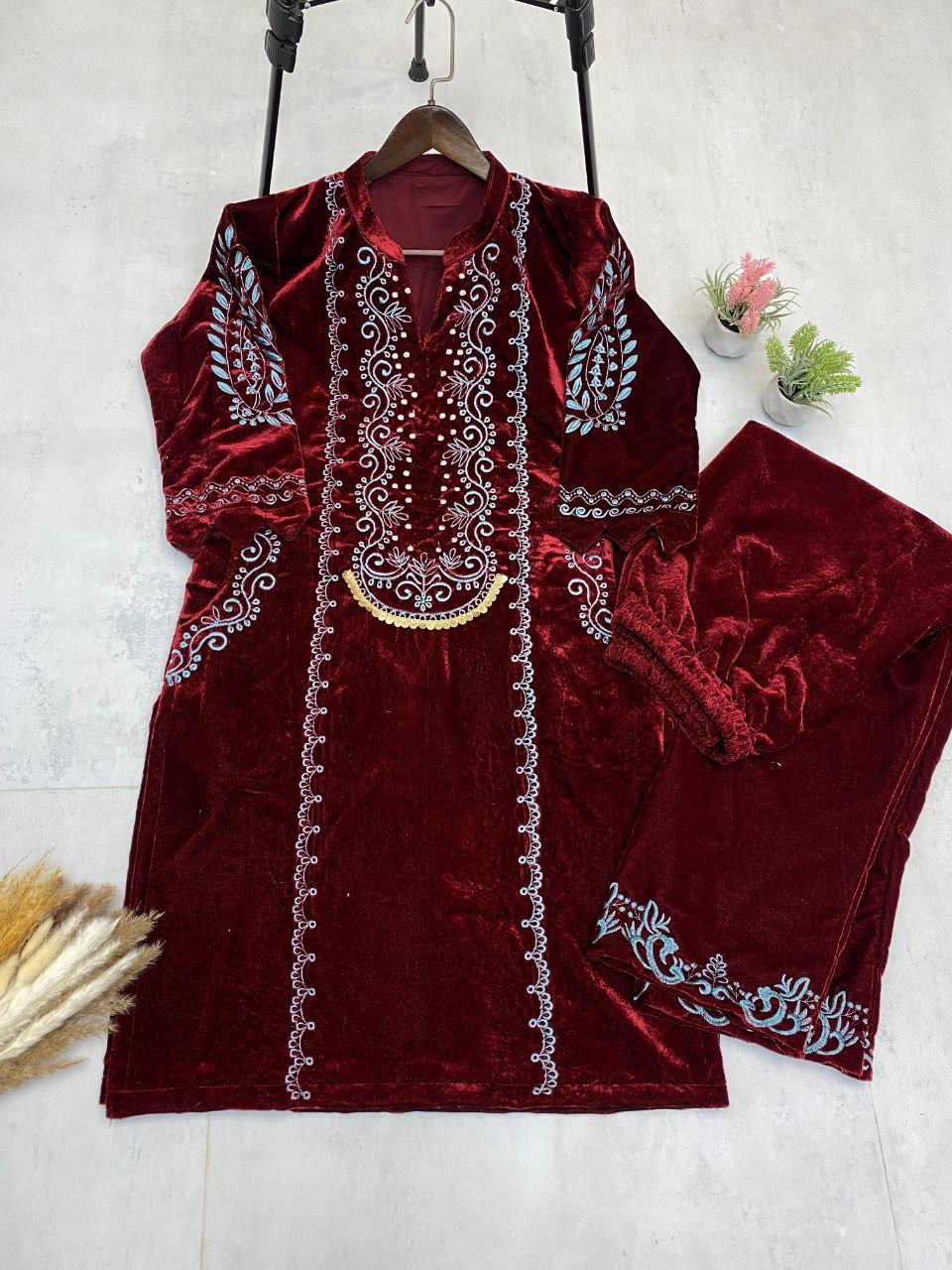 Winter Elegance – Designer Velvet Embroidery Suit with Pocket
