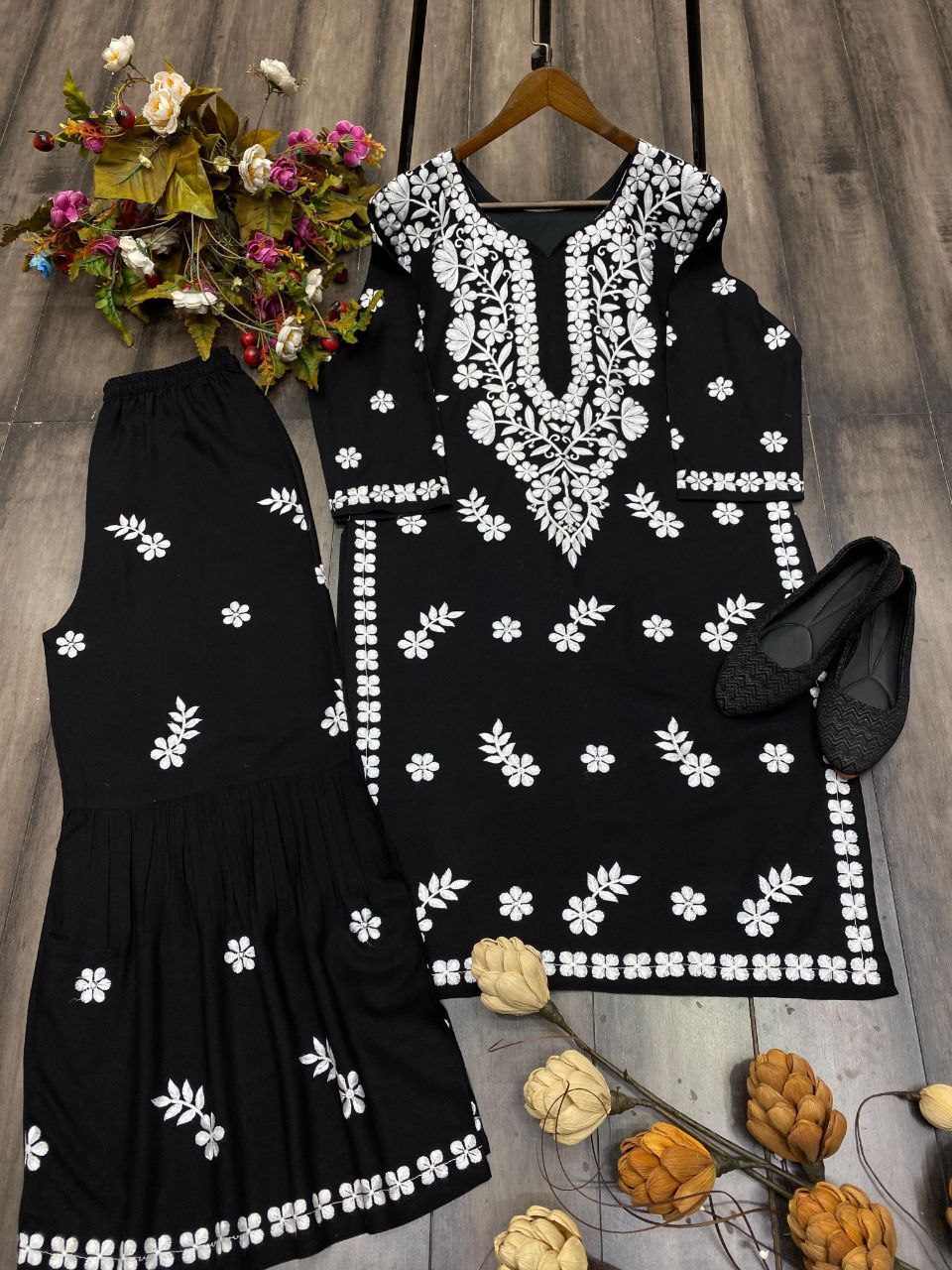Trending Designer Summer Maslin Top with Cotton Thread Embroidery Work and Sarara Set