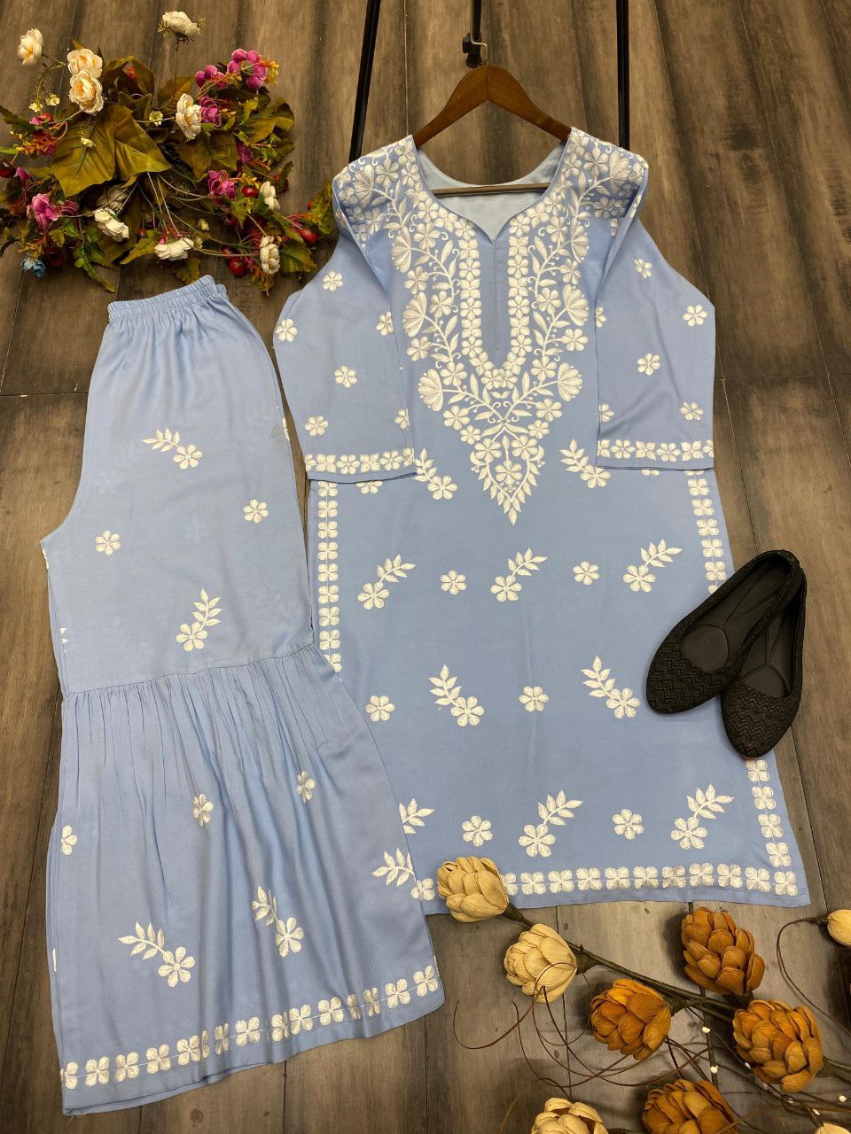Trending Designer Summer Maslin Top with Cotton Thread Embroidery Work and Sarara Set