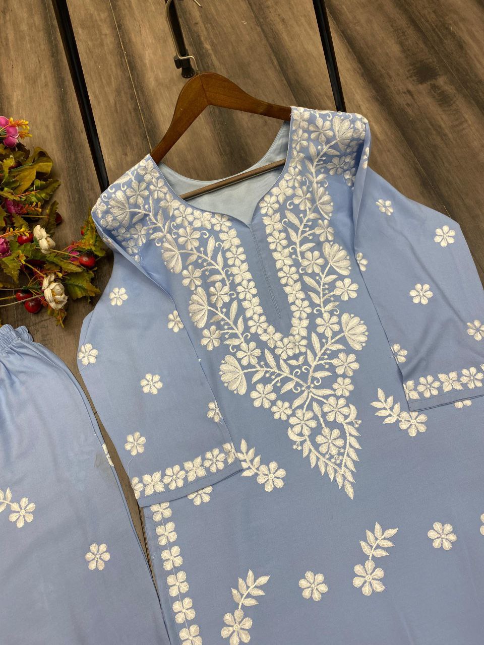 Trending Designer Summer Maslin Top with Cotton Thread Embroidery Work and Sarara Set