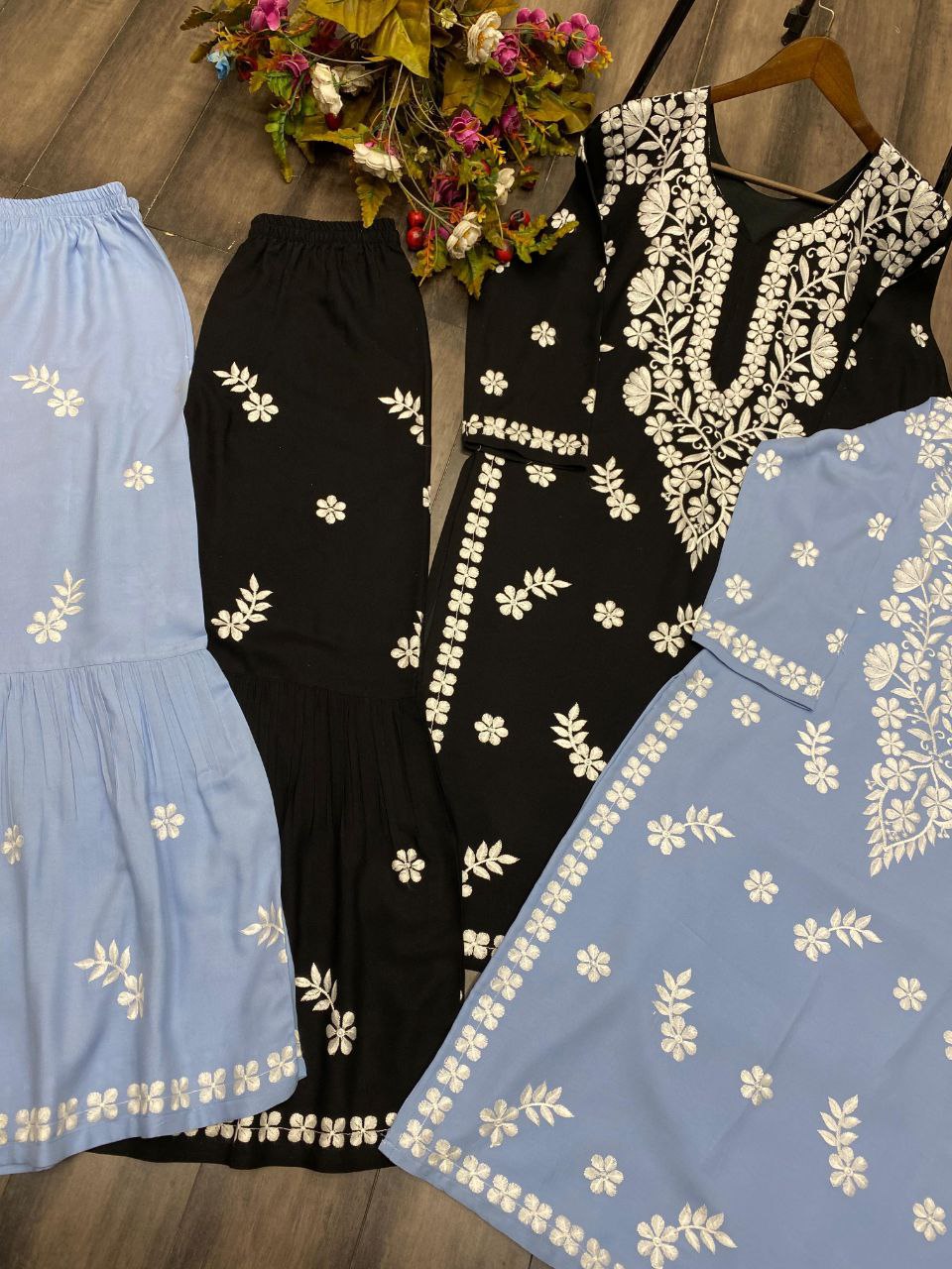 Trending Designer Summer Maslin Top with Cotton Thread Embroidery Work and Sarara Set