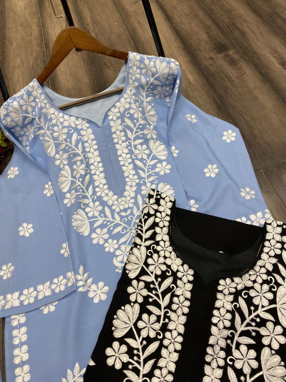 Trending Designer Summer Maslin Top with Cotton Thread Embroidery Work and Sarara Set