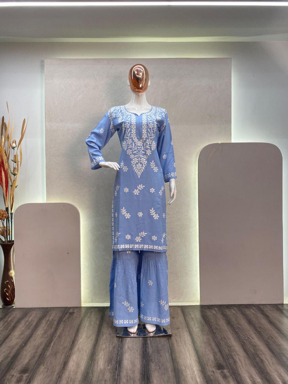 Trending Designer Summer Maslin Top with Cotton Thread Embroidery Work and Sarara Set