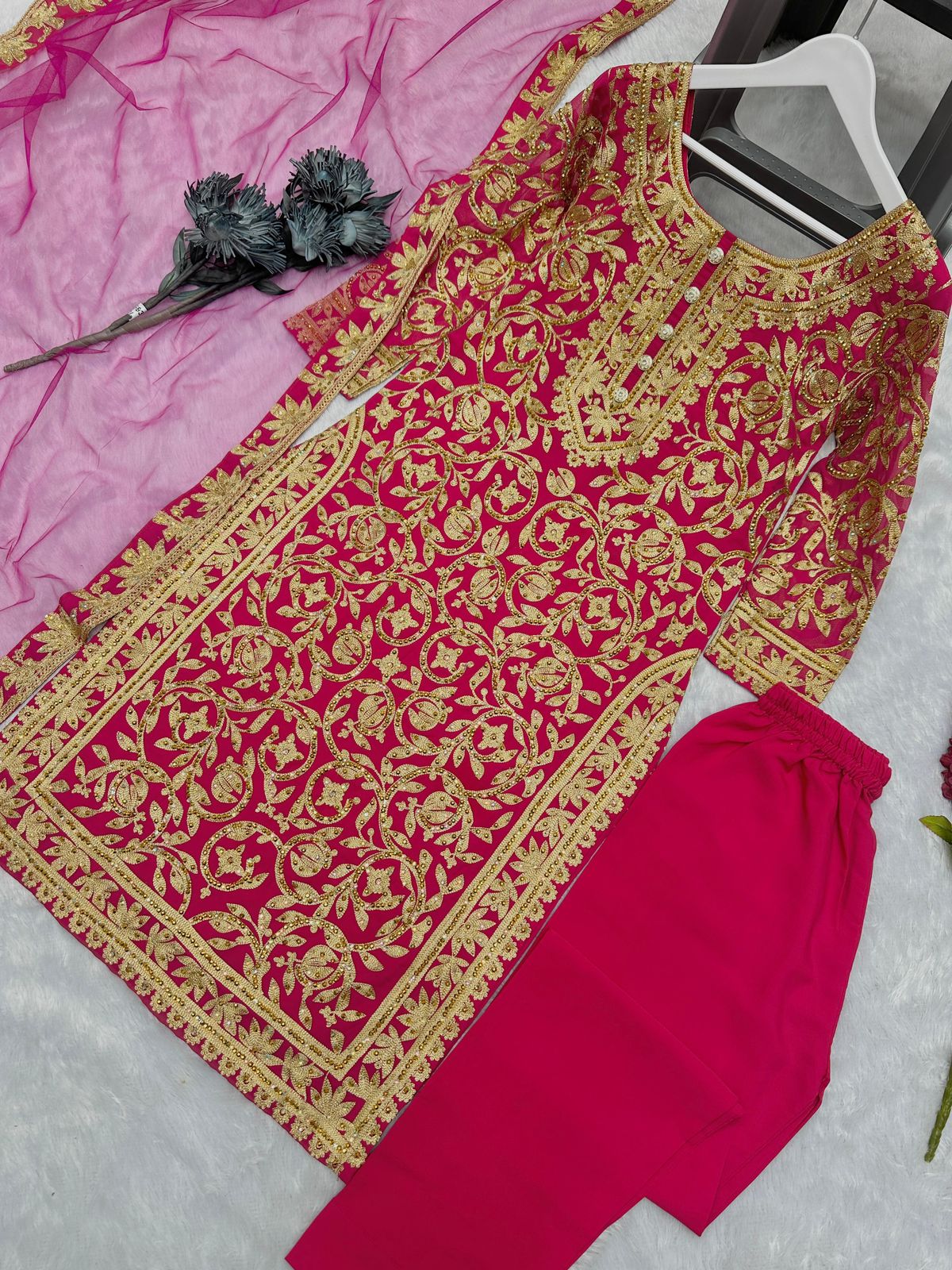 Eid Special 3-Piece Kurti Set – Embroidered Chinon Silk with Plazzo & Dupatta