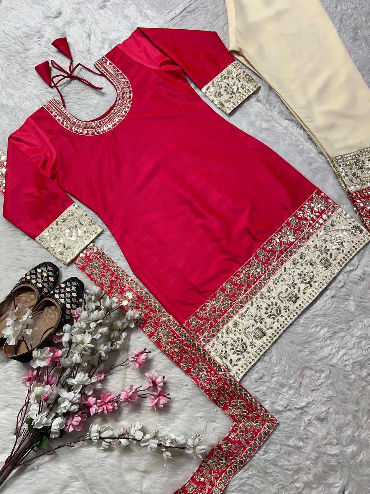 Embroidered Malay Satin Silk Top with Faux Georgette Pants & Net Dupatta
