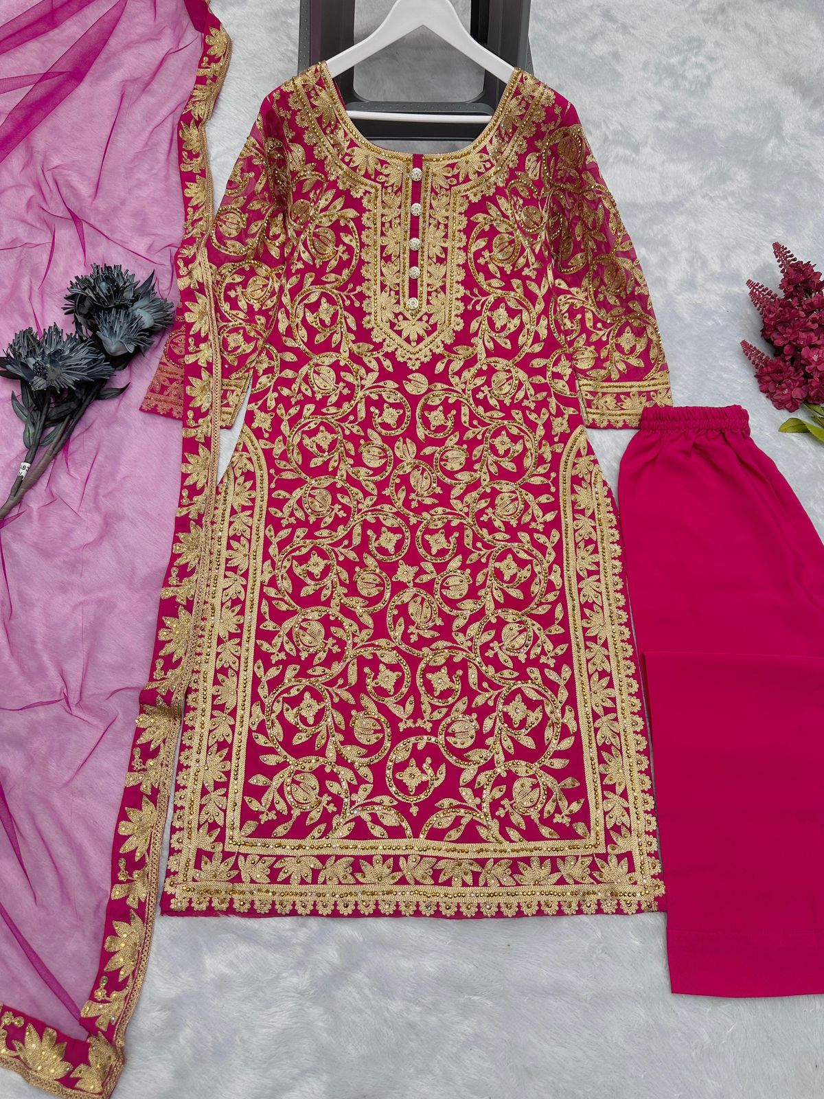 Eid Special 3-Piece Kurti Set – Embroidered Chinon Silk with Plazzo & Dupatta