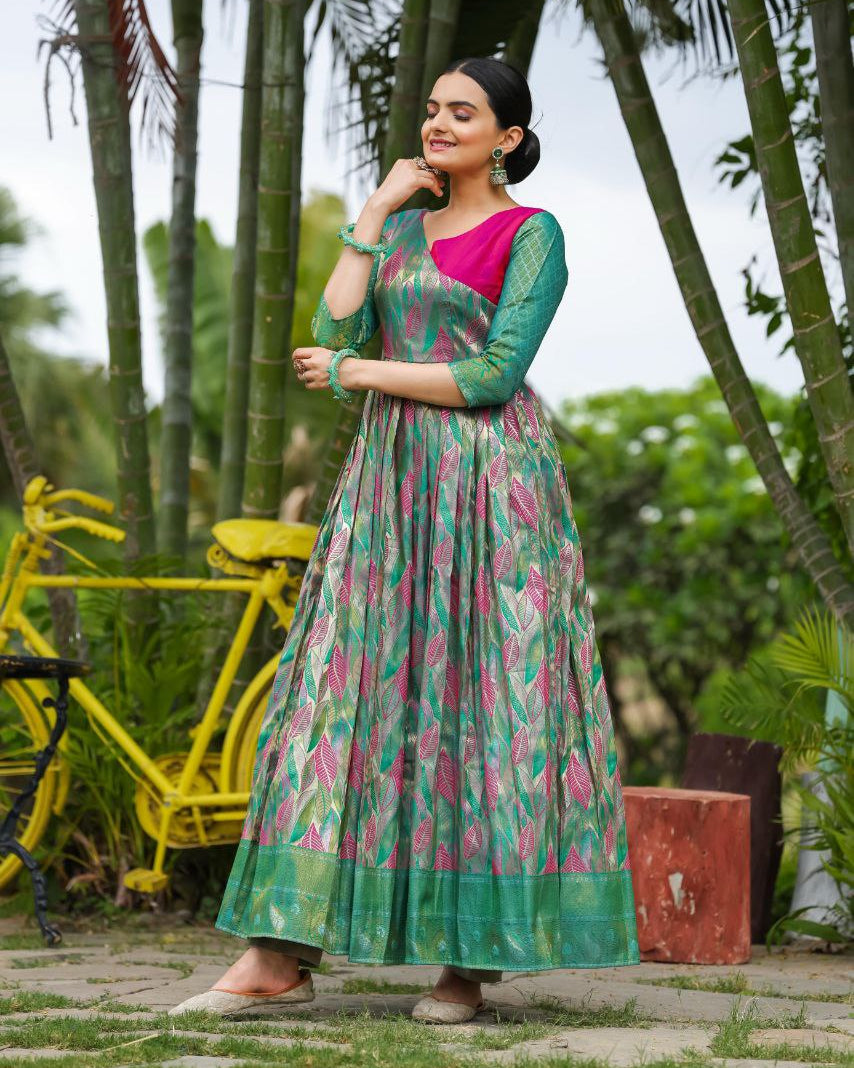 Anushka Tasrika Banarasi Silk Gown | Copper Weaving | Soft Silk Fabric | V Neck | Custom Sizes