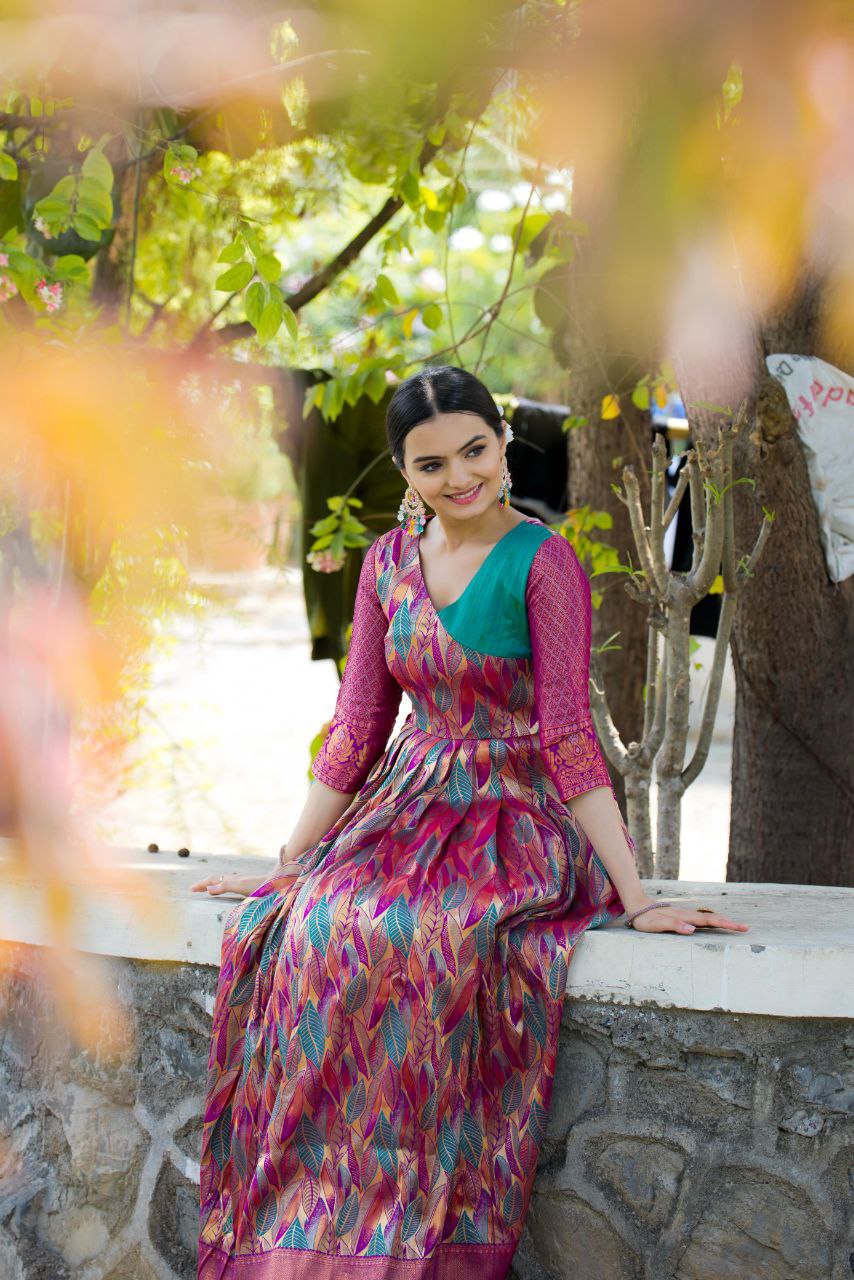 Anushka Tasrika Banarasi Silk Gown | Copper Weaving | Soft Silk Fabric | V Neck | Custom Sizes