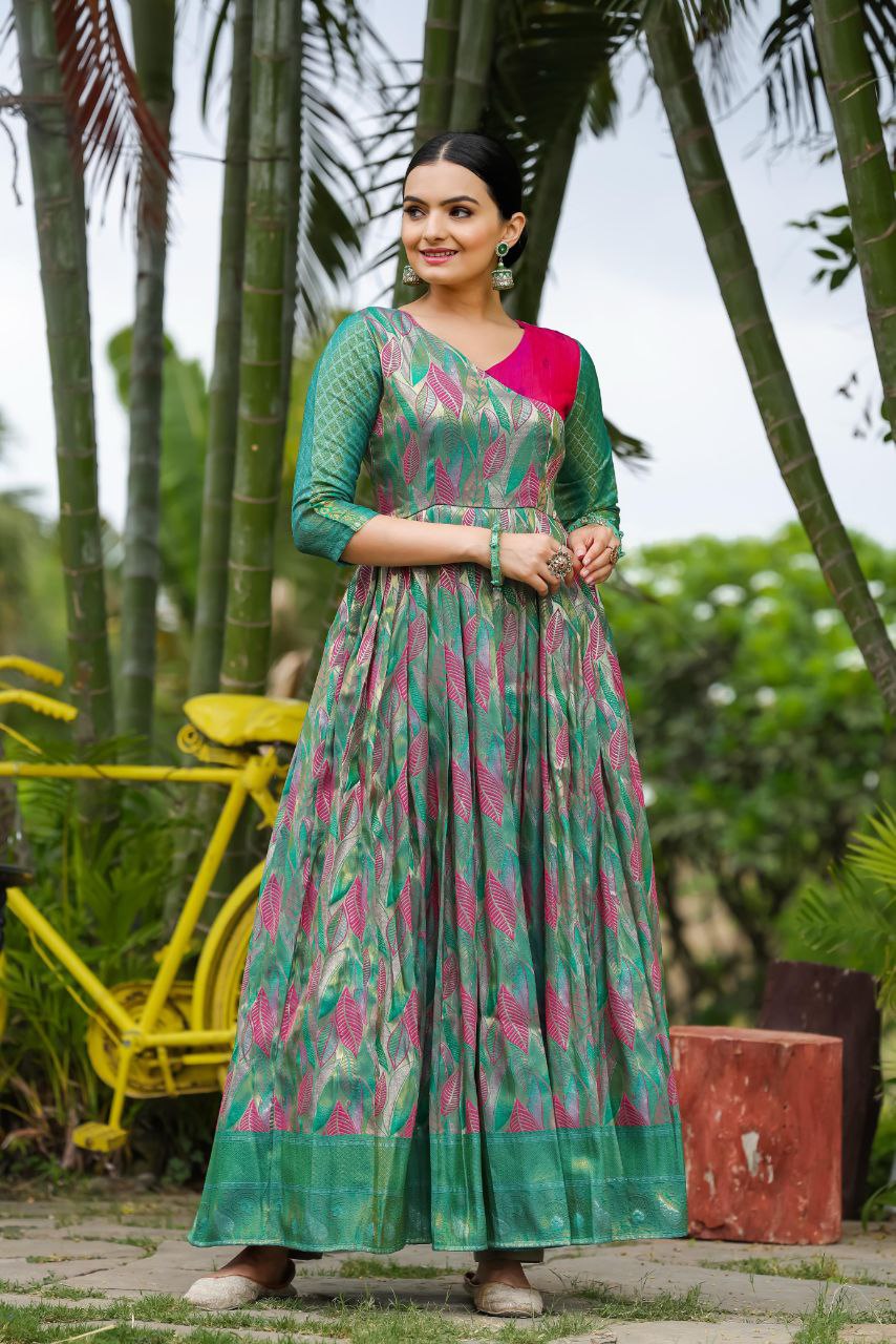 Anushka Tasrika Banarasi Silk Gown | Copper Weaving | Soft Silk Fabric | V Neck | Custom Sizes