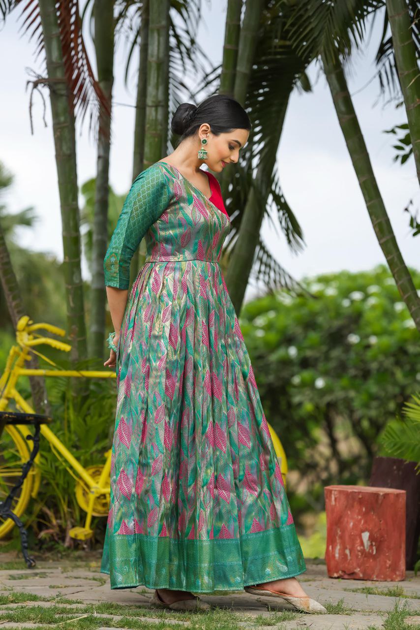 Anushka Tasrika Banarasi Silk Gown | Copper Weaving | Soft Silk Fabric | V Neck | Custom Sizes