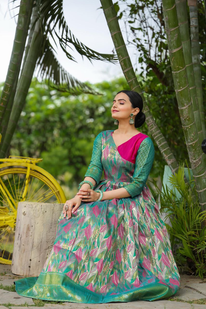 Anushka Tasrika Banarasi Silk Gown | Copper Weaving | Soft Silk Fabric | V Neck | Custom Sizes