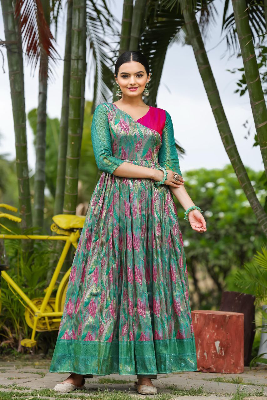 Anushka Tasrika Banarasi Silk Gown | Copper Weaving | Soft Silk Fabric | V Neck | Custom Sizes