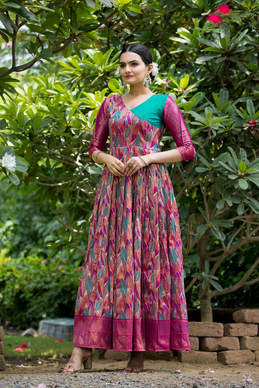 Anushka Tasrika Banarasi Silk Gown | Copper Weaving | Soft Silk Fabric | V Neck | Custom Sizes