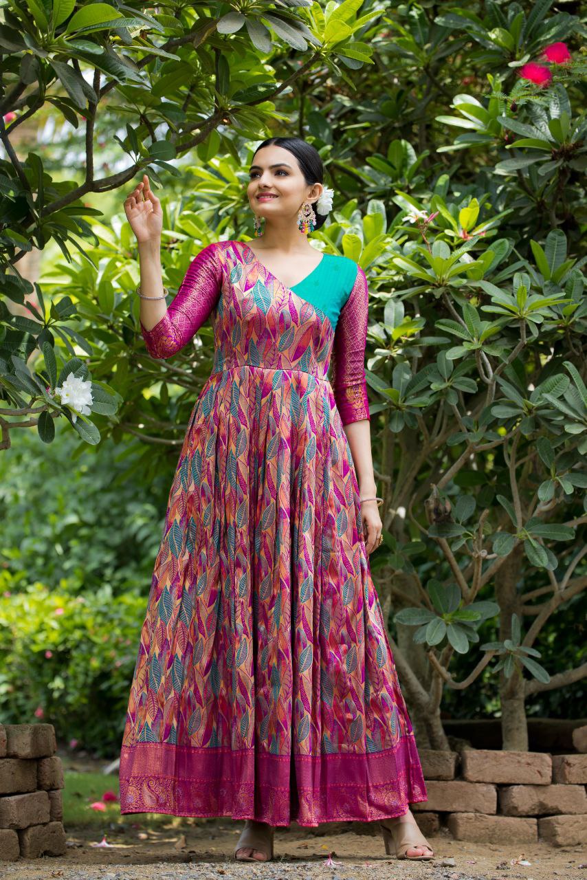 Anushka Tasrika Banarasi Silk Gown | Copper Weaving | Soft Silk Fabric | V Neck | Custom Sizes
