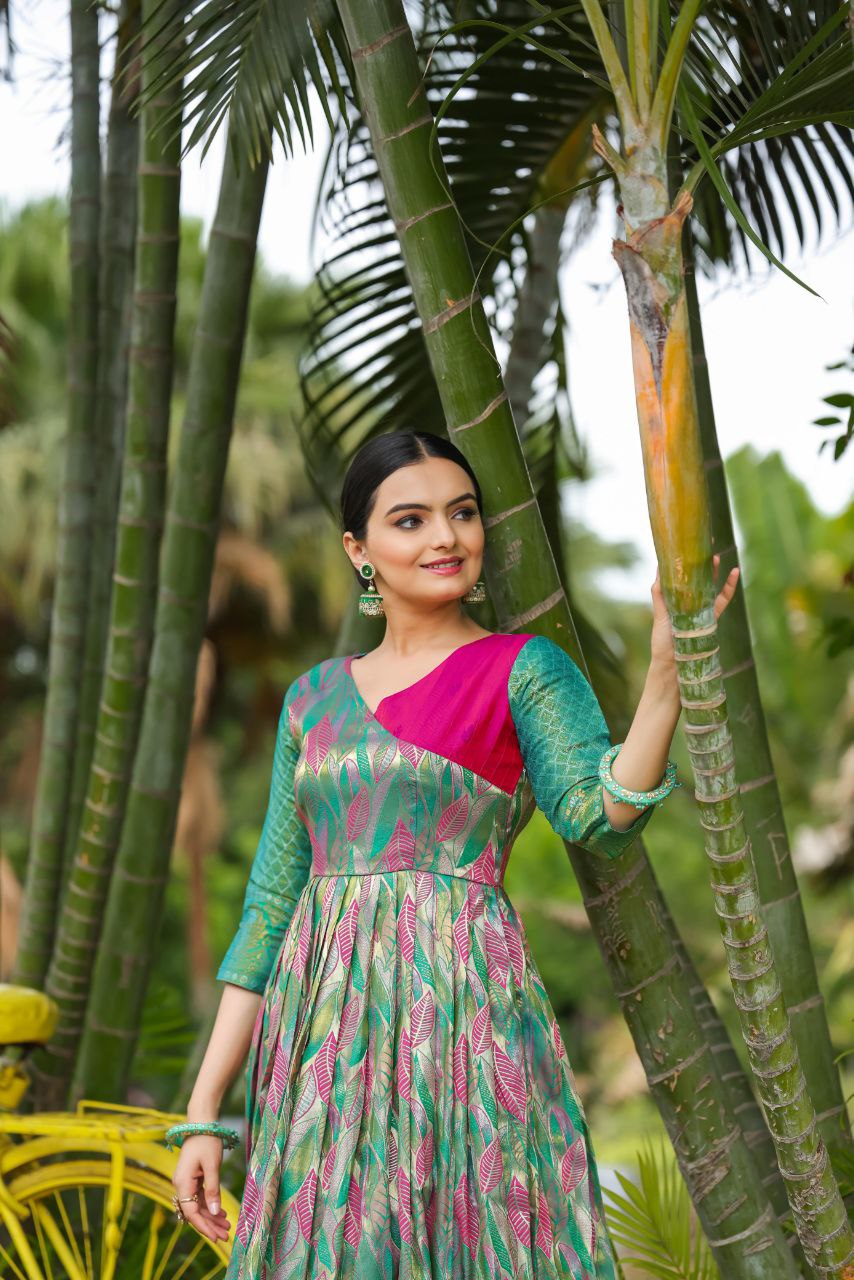 Anushka Tasrika Banarasi Silk Gown | Copper Weaving | Soft Silk Fabric | V Neck | Custom Sizes