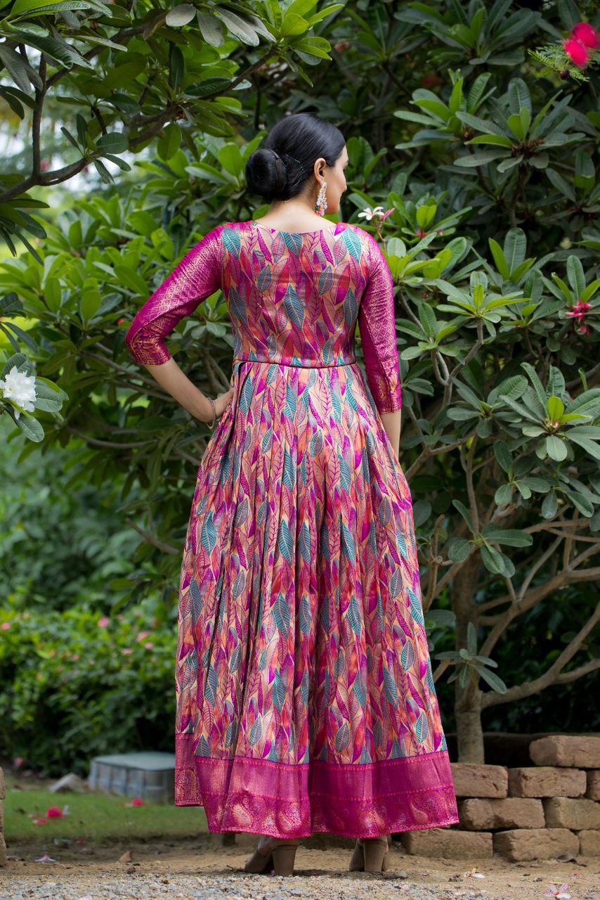 Anushka Tasrika Banarasi Silk Gown | Copper Weaving | Soft Silk Fabric | V Neck | Custom Sizes