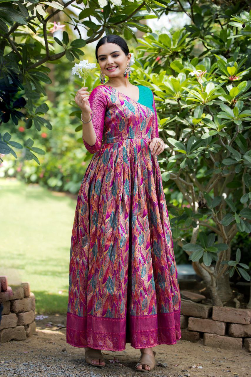 Anushka Tasrika Banarasi Silk Gown | Copper Weaving | Soft Silk Fabric | V Neck | Custom Sizes