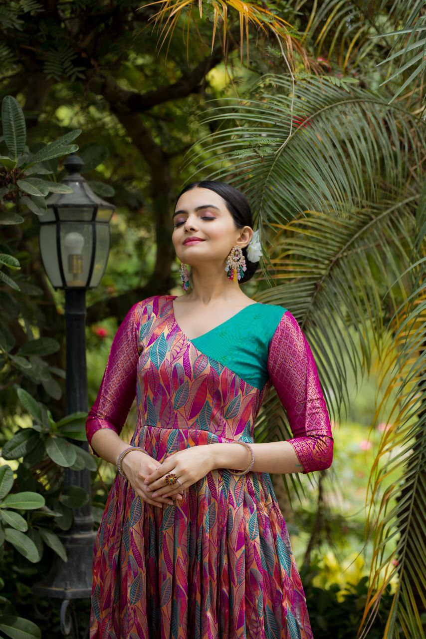 Anushka Tasrika Banarasi Silk Gown | Copper Weaving | Soft Silk Fabric | V Neck | Custom Sizes