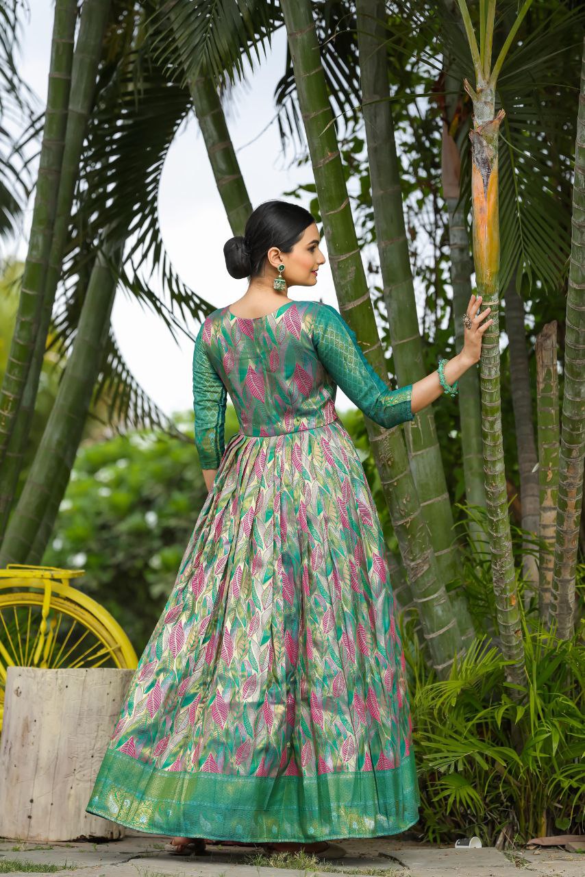 Anushka Tasrika Banarasi Silk Gown | Copper Weaving | Soft Silk Fabric | V Neck | Custom Sizes