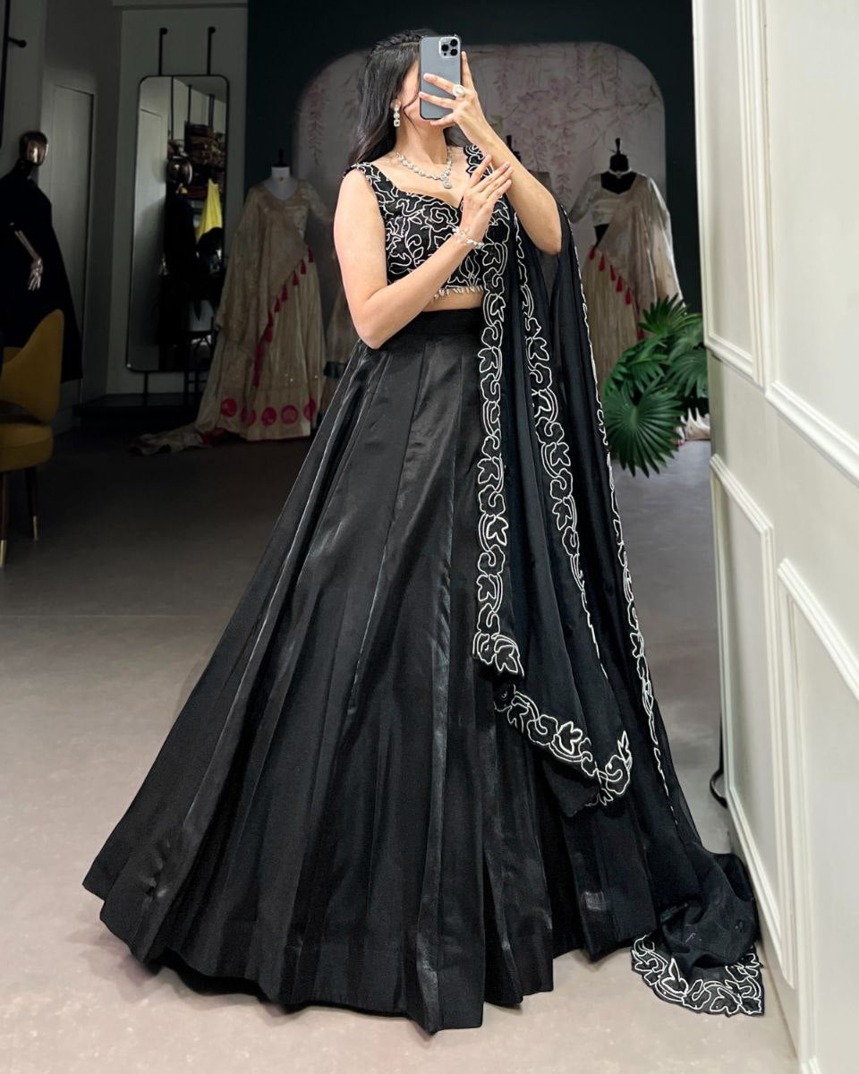 Black Satin Lehenga Choli – Pearl & Sequins Embroidery, Wedding Collection 2025