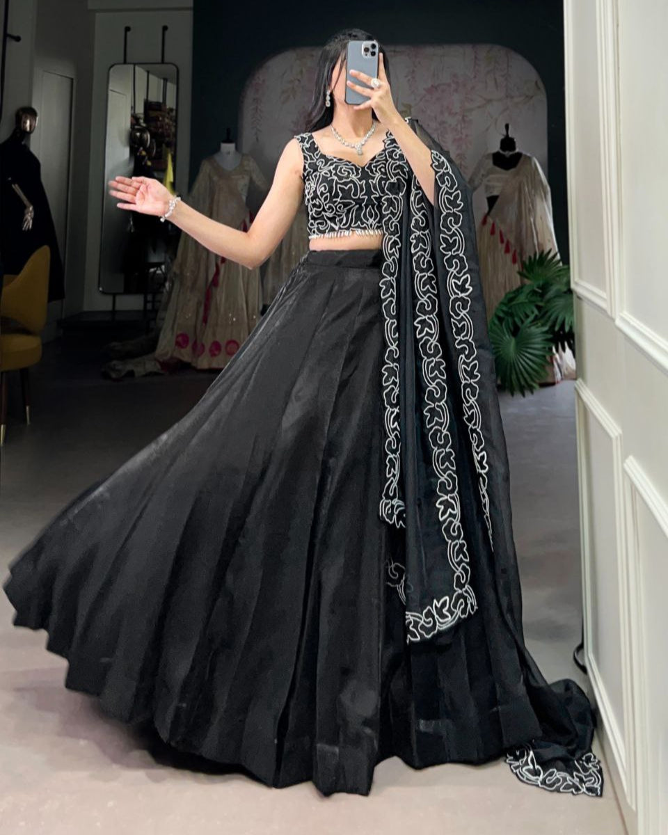 Black Satin Lehenga Choli – Pearl & Sequins Embroidery, Wedding Collection 2025