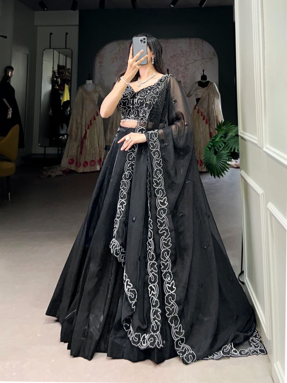 Black Satin Lehenga Choli – Pearl & Sequins Embroidery, Wedding Collection 2025