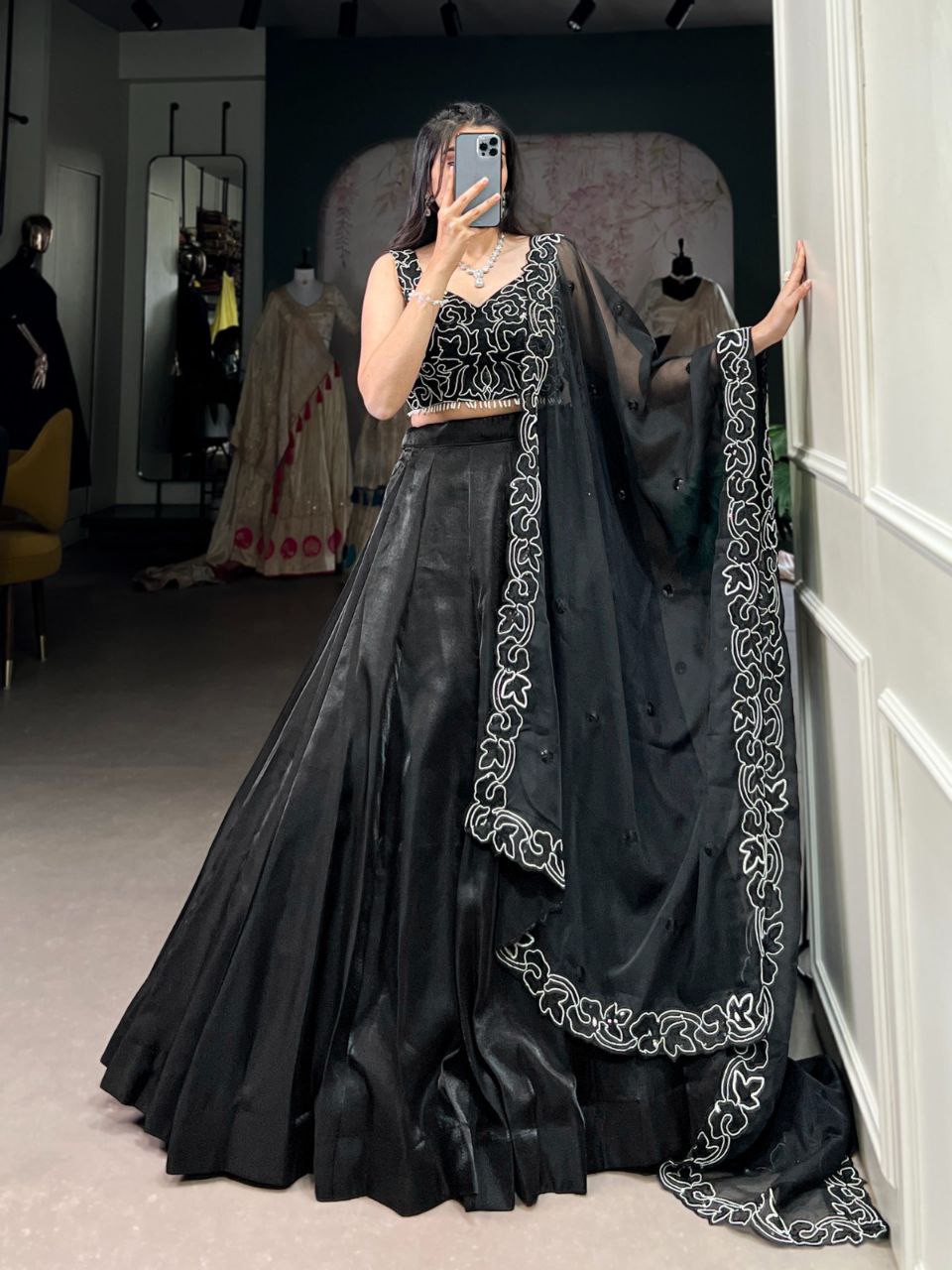 Black Satin Lehenga Choli – Pearl & Sequins Embroidery, Wedding Collection 2025