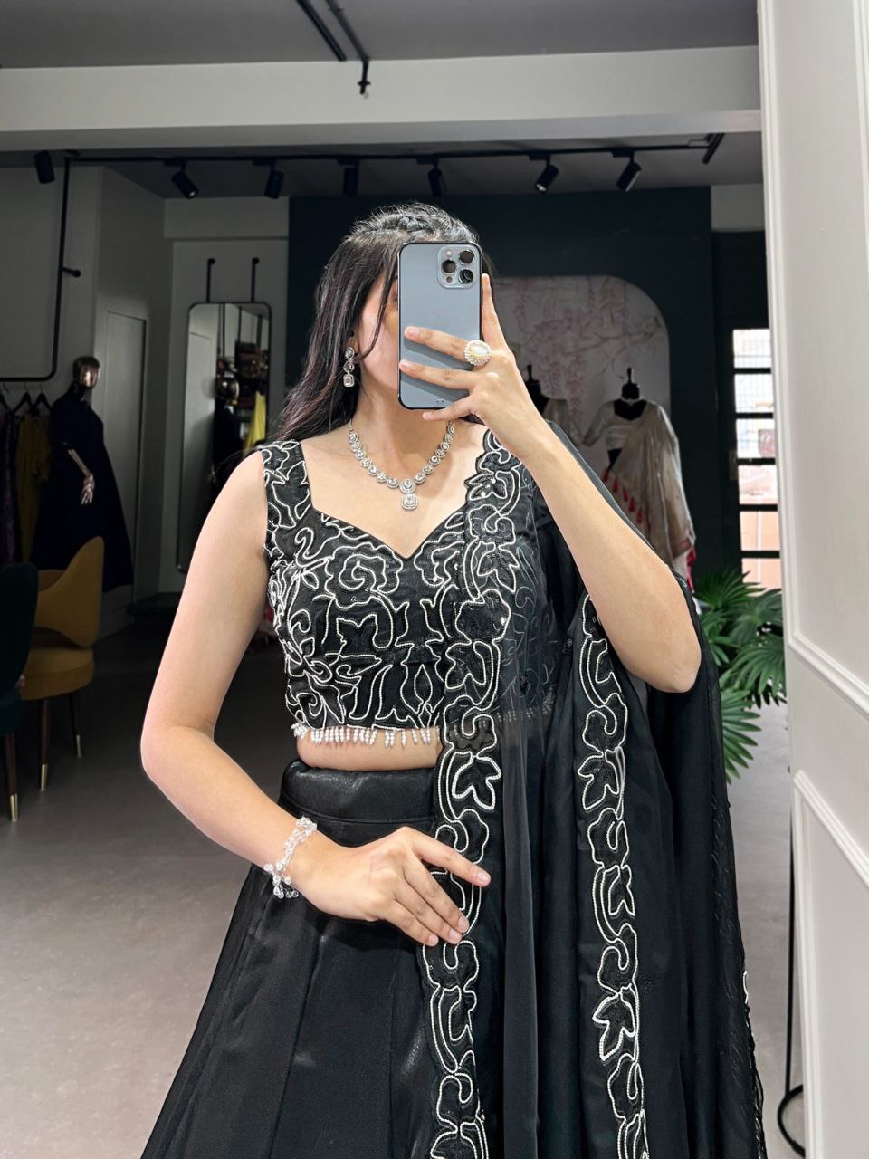 Black Satin Lehenga Choli – Pearl & Sequins Embroidery, Wedding Collection 2025