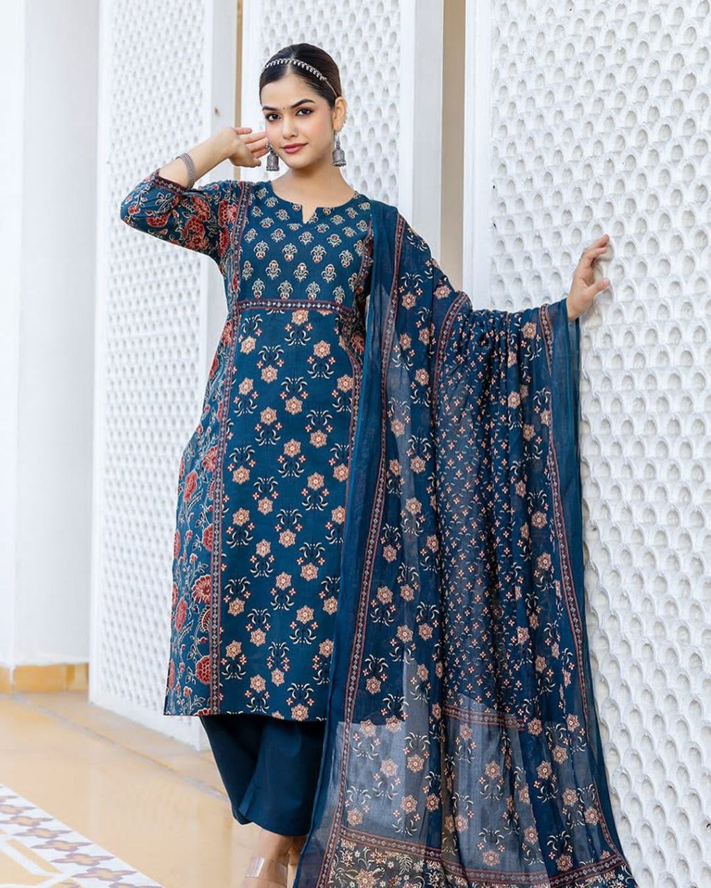 Chandni Cambric Cotton Kurti Pant Dupatta Set – A-Line Summer Wear with Sequence Hand Work