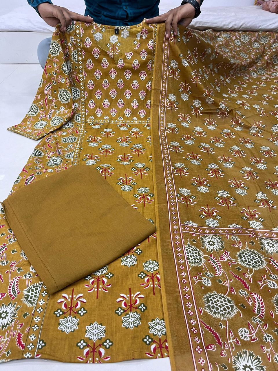 Chandni Cambric Cotton Kurti Pant Dupatta Set – A-Line Summer Wear with Sequence Hand Work