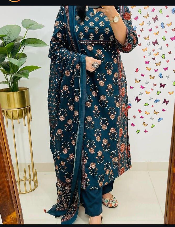 Chandni Cambric Cotton Kurti Pant Dupatta Set – A-Line Summer Wear with Sequence Hand Work