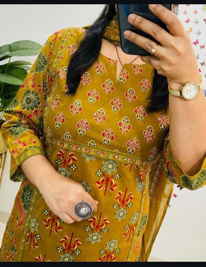 Chandni Cambric Cotton Kurti Pant Dupatta Set – A-Line Summer Wear with Sequence Hand Work