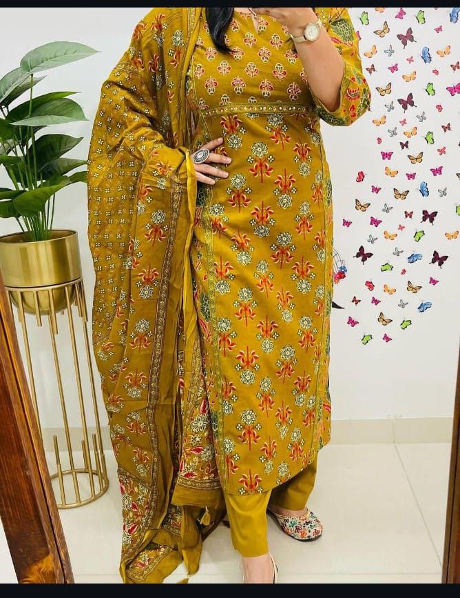 Chandni Cambric Cotton Kurti Pant Dupatta Set – A-Line Summer Wear with Sequence Hand Work