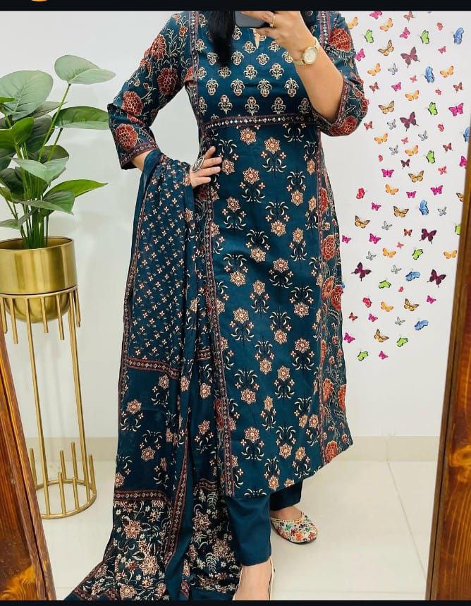Chandni Cambric Cotton Kurti Pant Dupatta Set – A-Line Summer Wear with Sequence Hand Work
