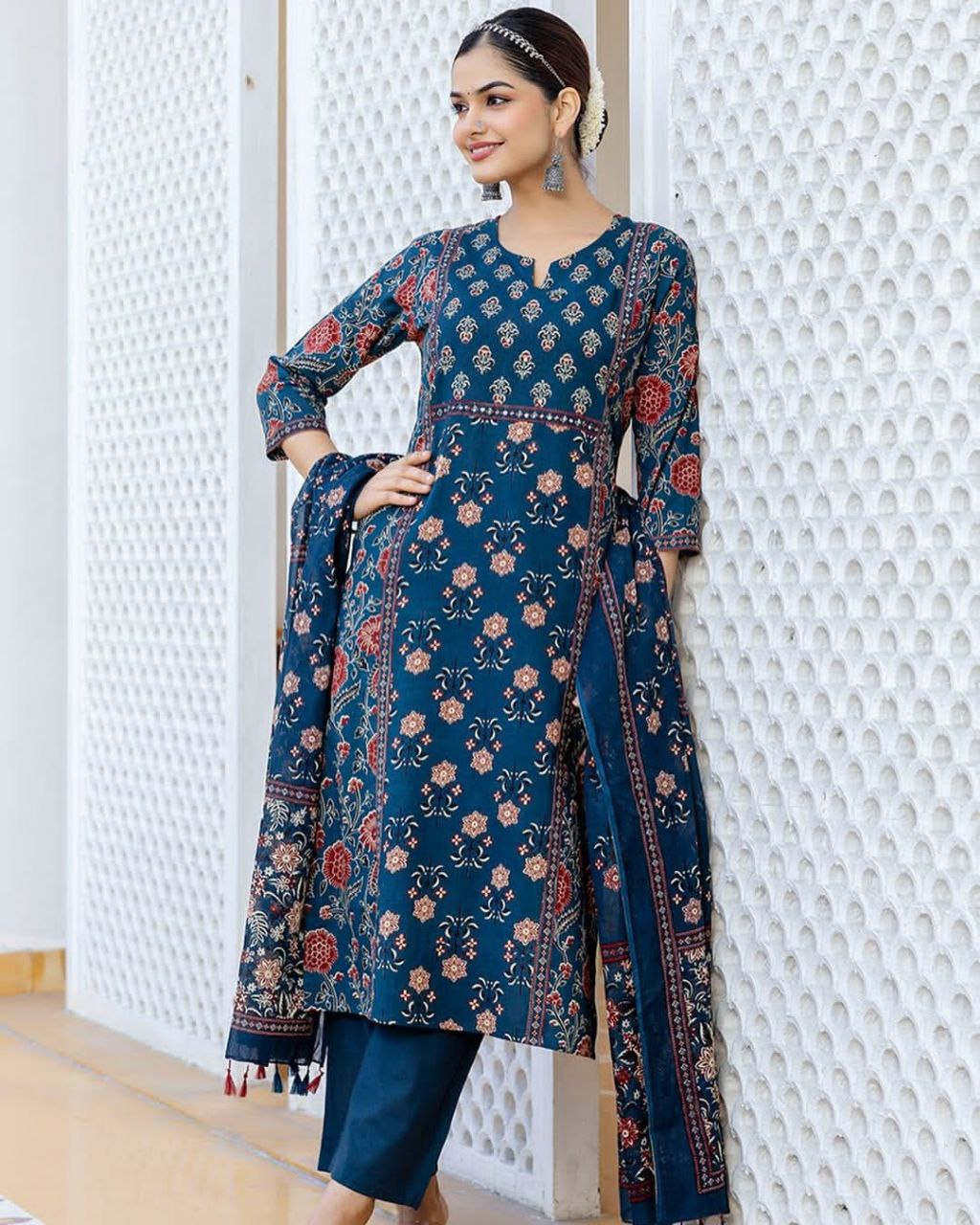 Chandni Cambric Cotton Kurti Pant Dupatta Set – A-Line Summer Wear with Sequence Hand Work
