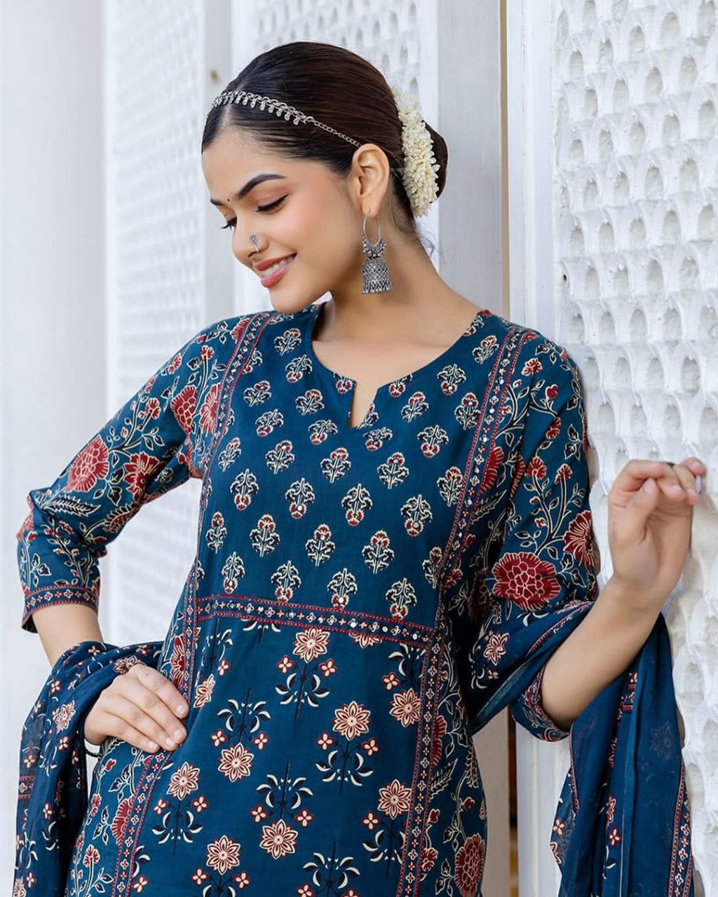 Chandni Cambric Cotton Kurti Pant Dupatta Set – A-Line Summer Wear with Sequence Hand Work