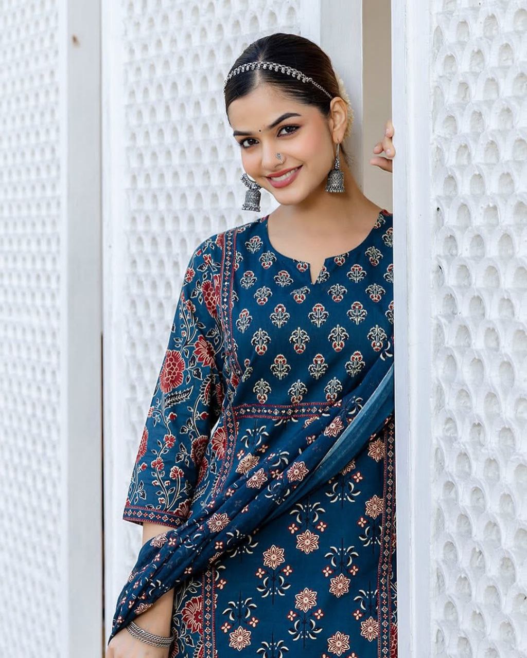 Chandni Cambric Cotton Kurti Pant Dupatta Set – A-Line Summer Wear with Sequence Hand Work