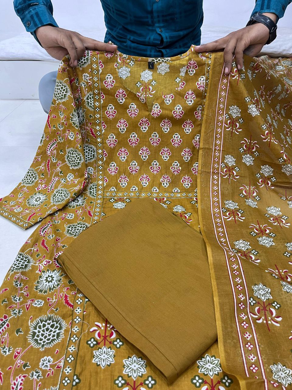 Chandni Cambric Cotton Kurti Pant Dupatta Set – A-Line Summer Wear with Sequence Hand Work