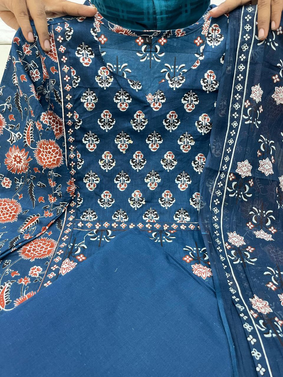 Chandni Cambric Cotton Kurti Pant Dupatta Set – A-Line Summer Wear with Sequence Hand Work