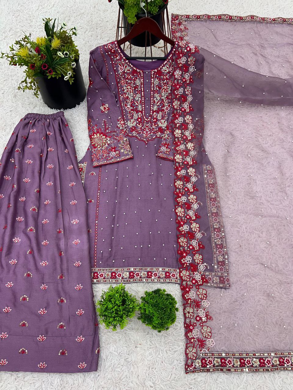 Chinon Silk Embroidered Sharara Set with Dupatta | Partywear 3-Piece Suit | Ready to Wear