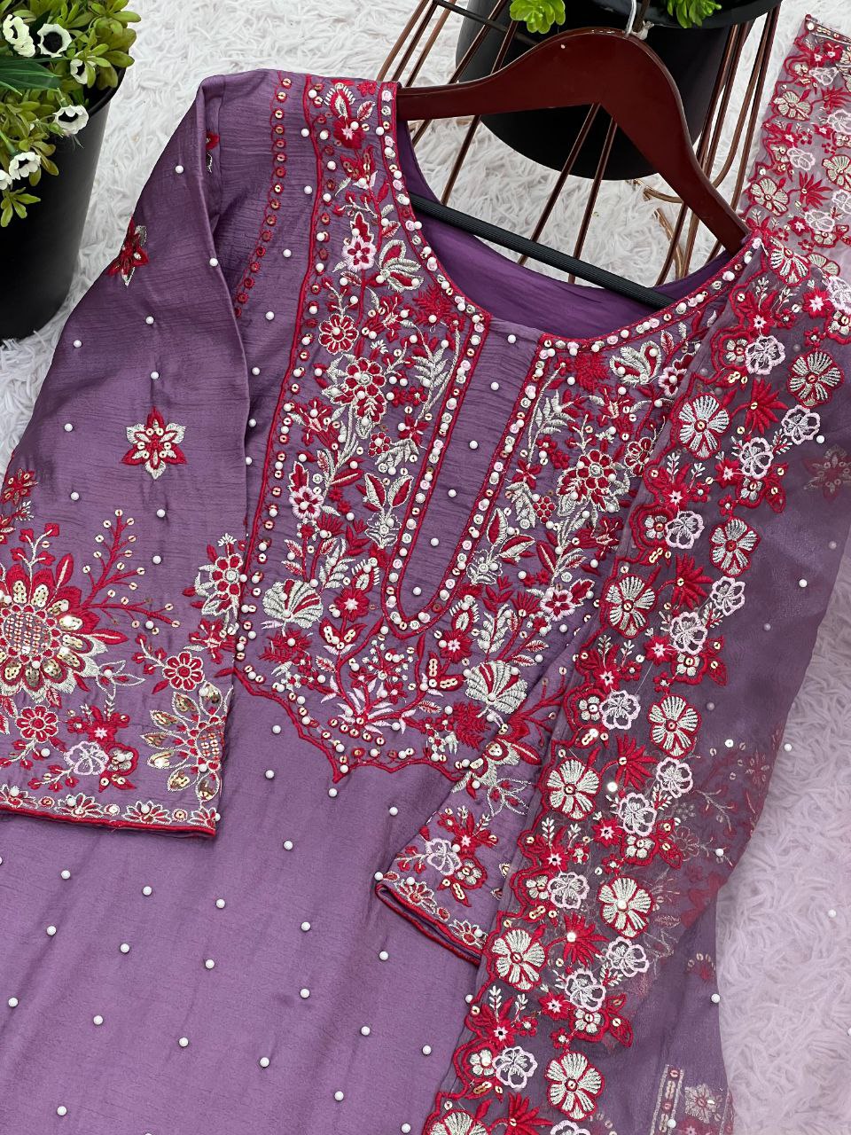Chinon Silk Embroidered Sharara Set with Dupatta | Partywear 3-Piece Suit | Ready to Wear