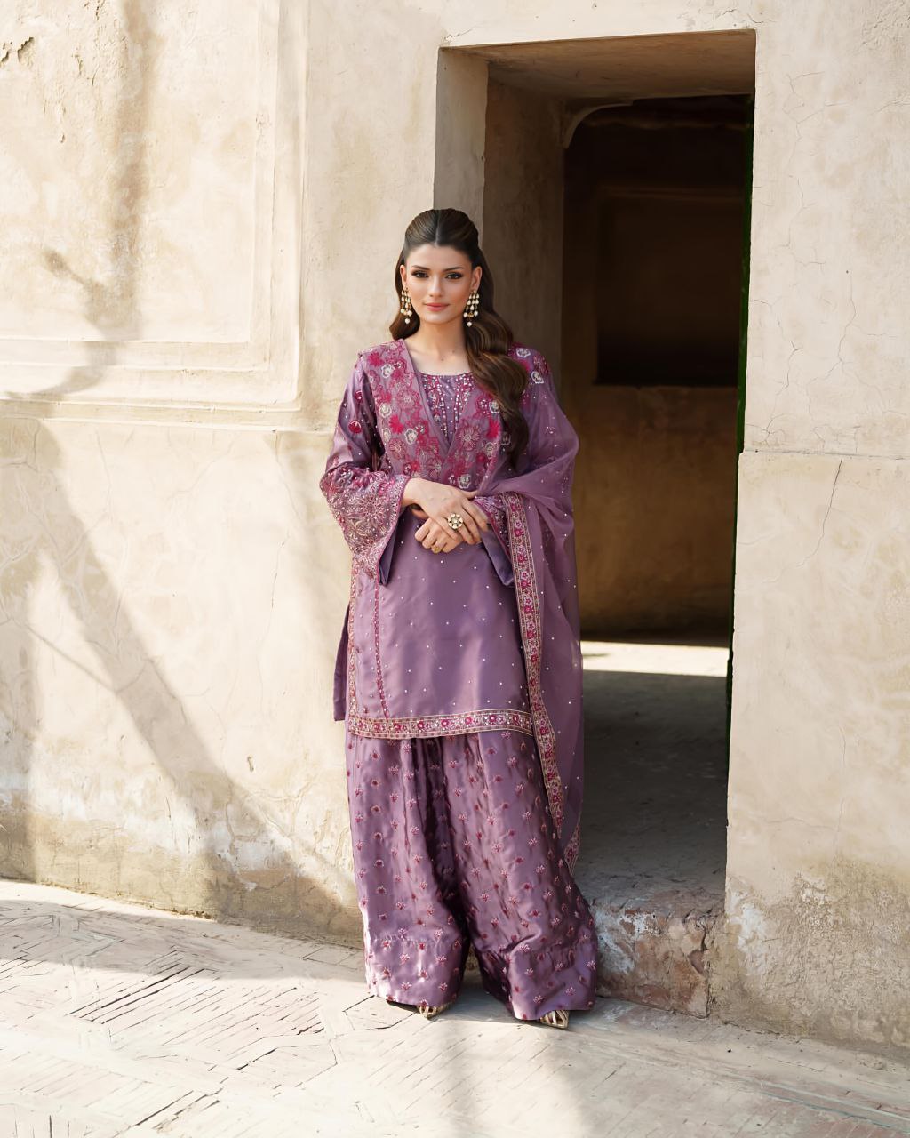 Chinon Silk Embroidered Sharara Set with Dupatta | Partywear 3-Piece Suit | Ready to Wear