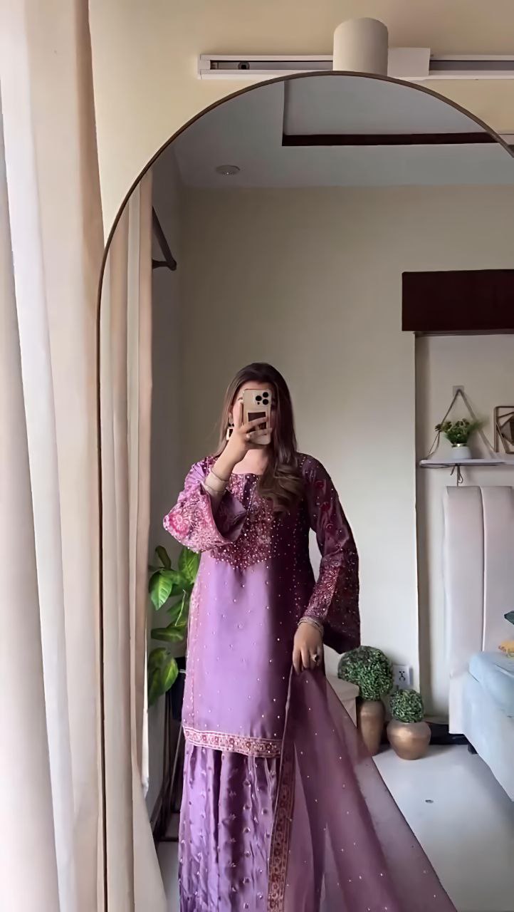 Chinon Silk Embroidered Sharara Set with Dupatta | Partywear 3-Piece Suit | Ready to Wear