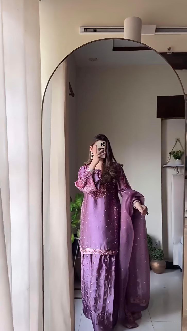 Chinon Silk Embroidered Sharara Set with Dupatta | Partywear 3-Piece Suit | Ready to Wear