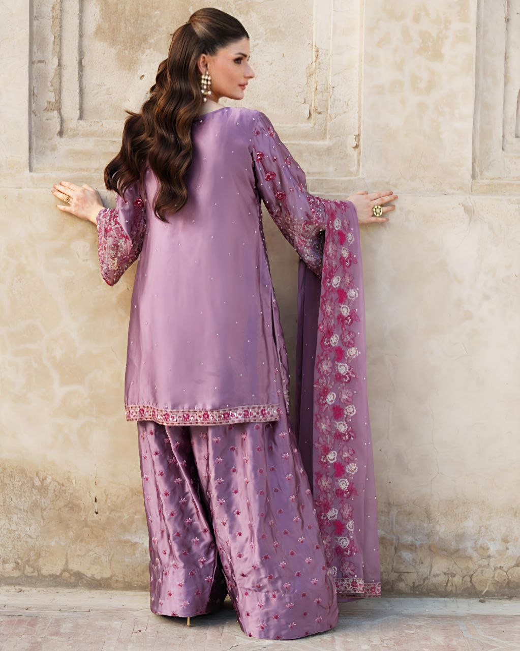 Chinon Silk Embroidered Sharara Set with Dupatta | Partywear 3-Piece Suit | Ready to Wear