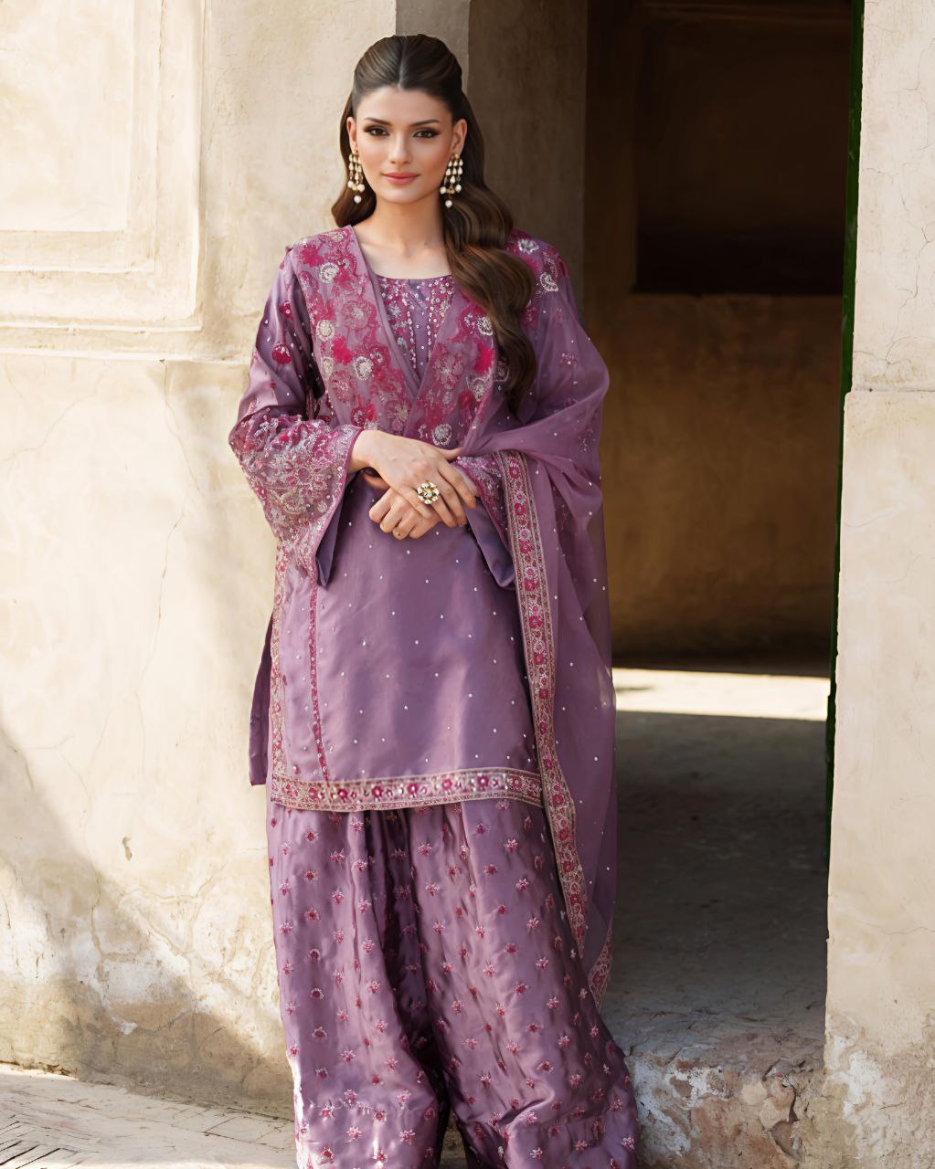 Chinon Silk Embroidered Sharara Set with Dupatta | Partywear 3-Piece Suit | Ready to Wear