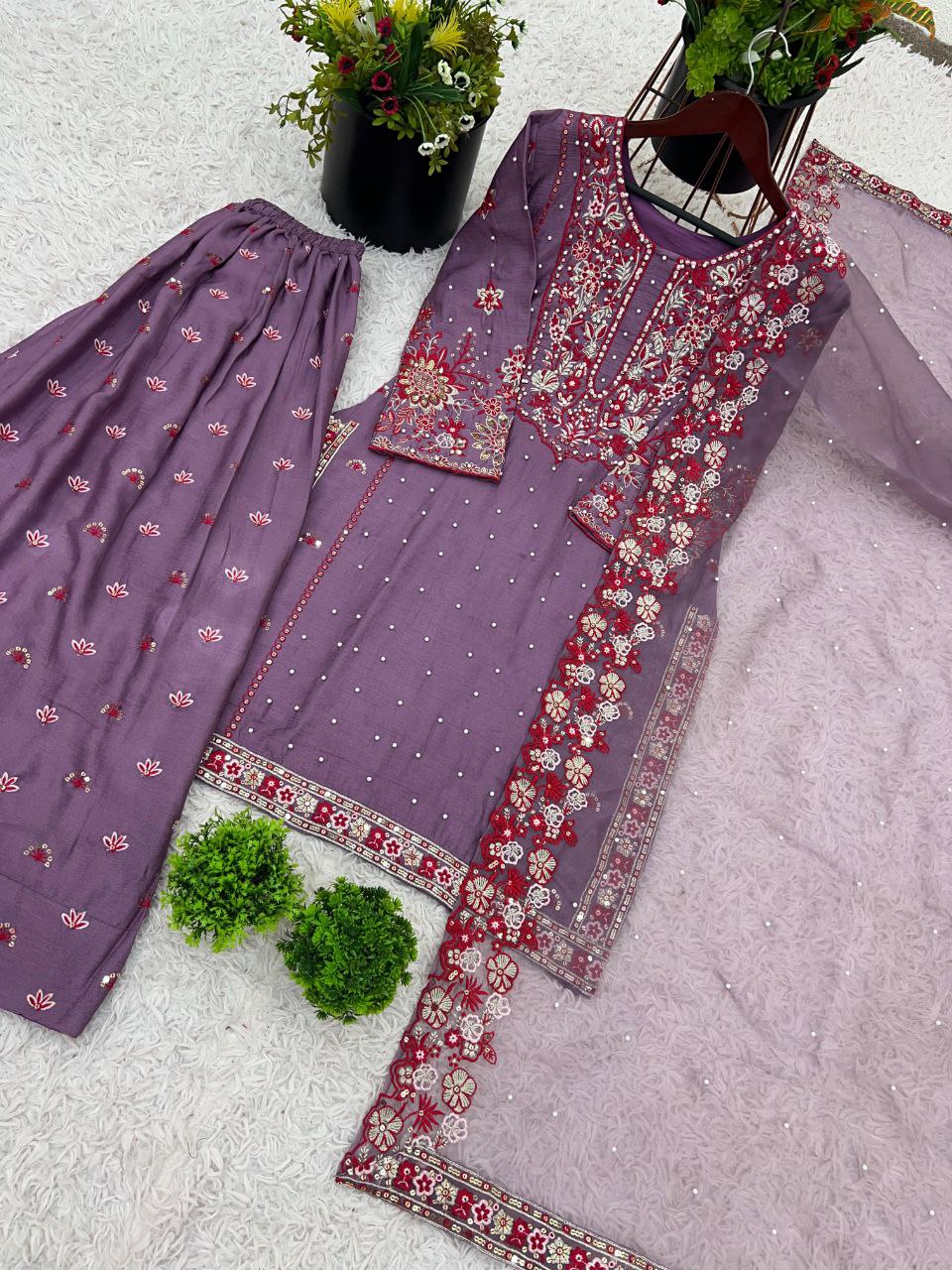 Chinon Silk Embroidered Sharara Set with Dupatta | Partywear 3-Piece Suit | Ready to Wear