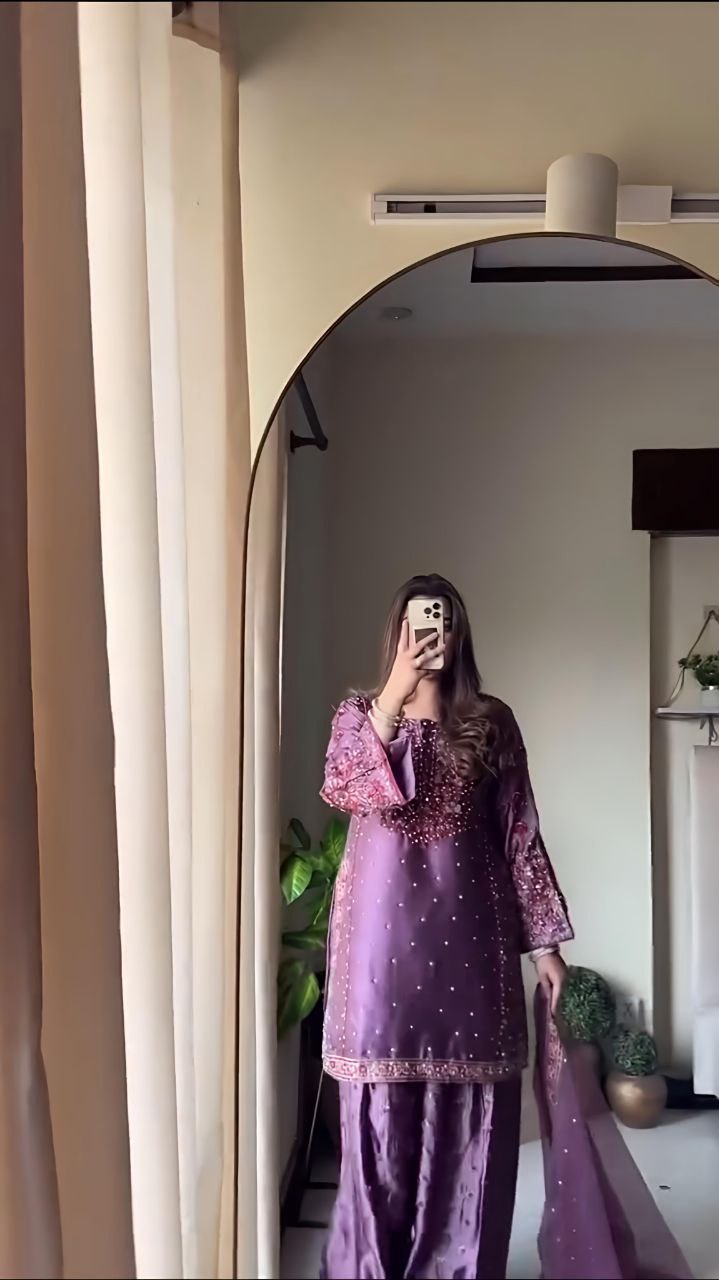 Chinon Silk Embroidered Sharara Set with Dupatta | Partywear 3-Piece Suit | Ready to Wear