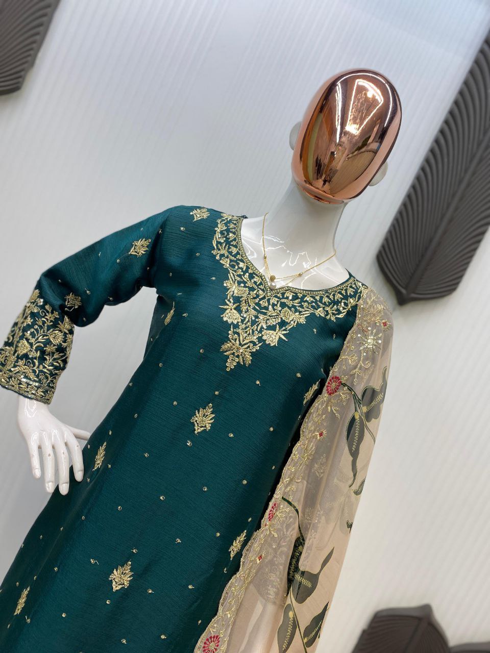 Designer Chinon Sharara Suit Set with Sequins Embroidery & Organza Dupatta Fully Stitched